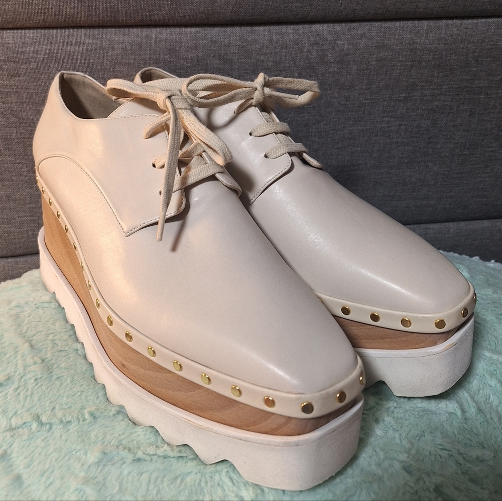 Stella McCartney Off White Vegan Studded Elyse Derby Platform Loafers 9